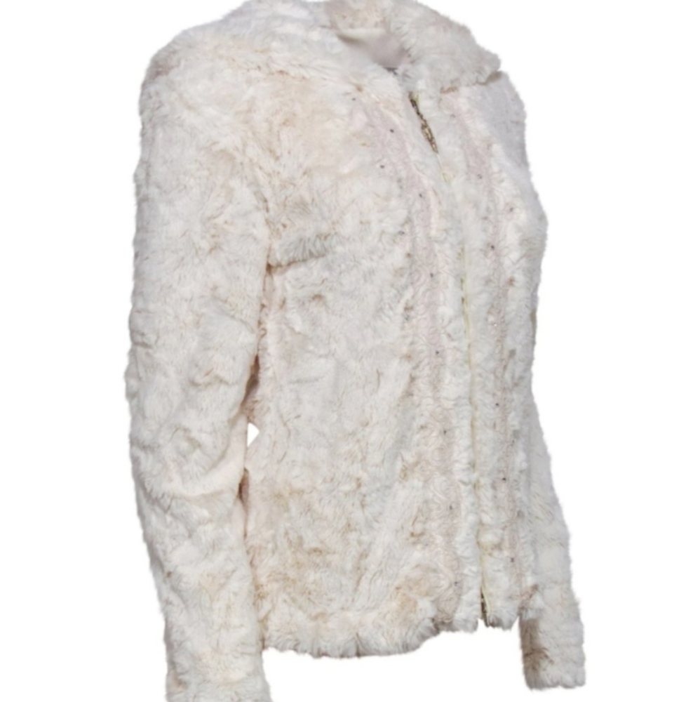 Joseph Ribkoff - lvory Faux Fur Zip-Up Hooded Jacket w/ Front Embellishments